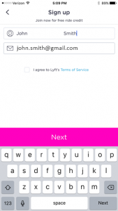 Lyft-app: enter name and email