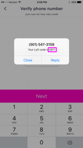 Lyft app: text msg with phone verification code